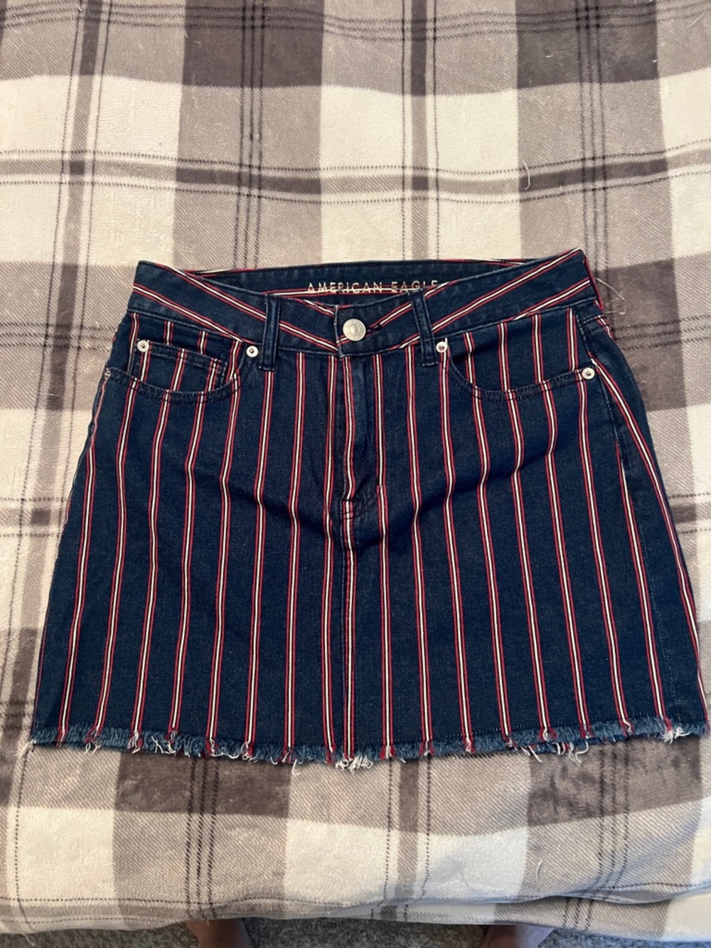 American Eagle Outfitters Navy Blue Denim Mini Skirt with Red Pinstripes